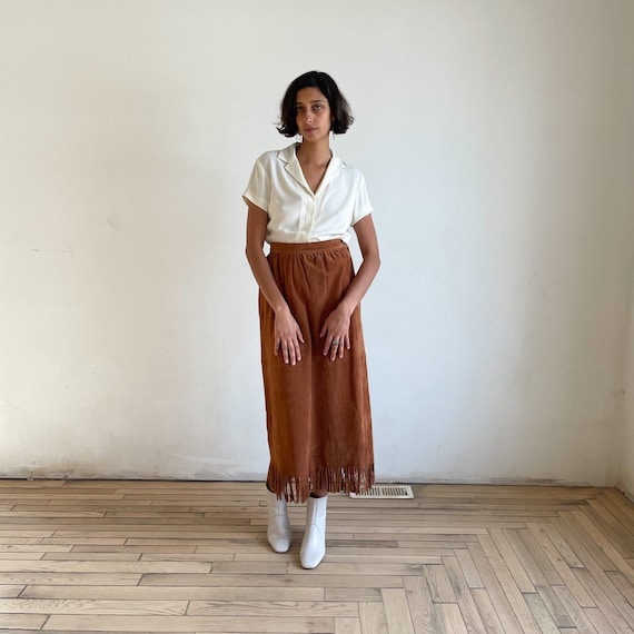 90s High Waist Skirt Suede Leather Skirt Tan Brow… - image 6