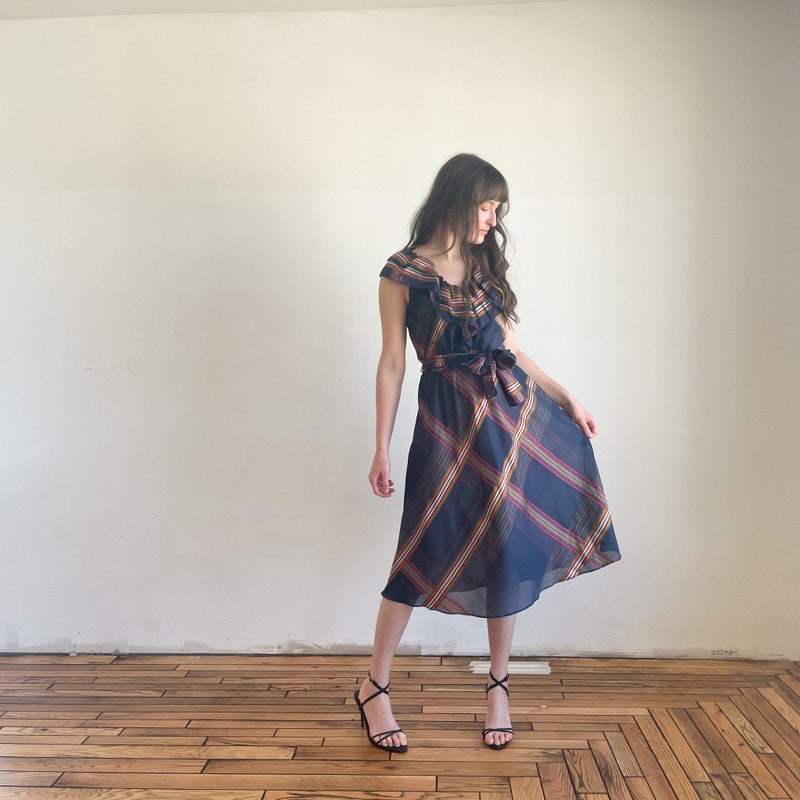 70's Belted Neutral Knee Length Tie Neck Dress main image 0