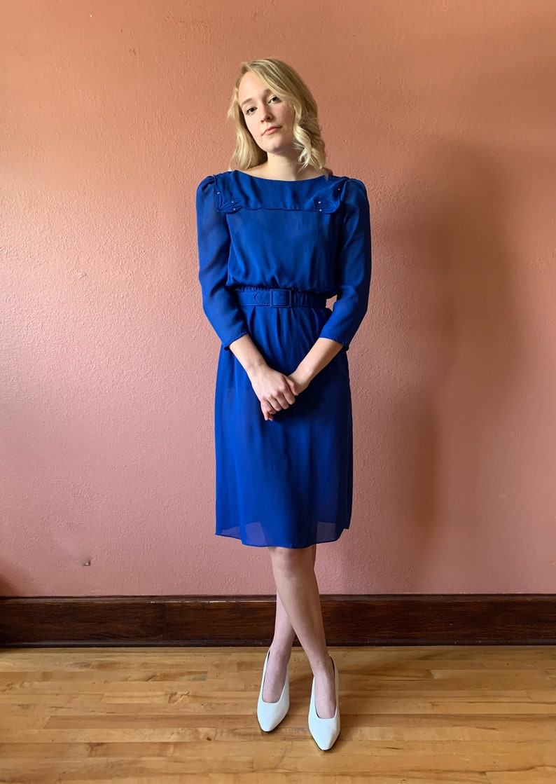70s Blue Dress Rhinestone Embellished Floral Applique Sailor Collar Dress Puff Sleeve 34 Sleeve Sheer Belted Knee Length Dress