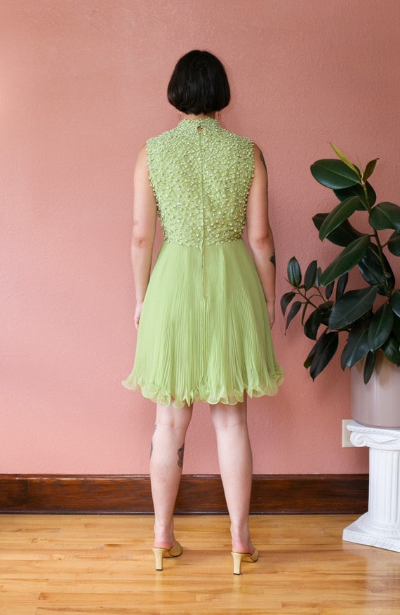 50s 60s Light Green Dress Beaded Pearl Crystal Hi… - image 10