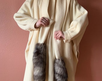 80s Racoon Fur Tail Scarf Cape Coat Ivory Wool Shawl Side Slit Tent Coat Draped Dolman Sleeve Avant Garde Batwing Statement Coat One Size