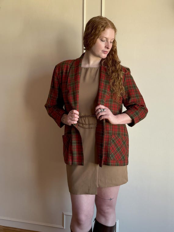 80s 90s Red Green Tartan Plaid Wool Blazer Jacket Oversized