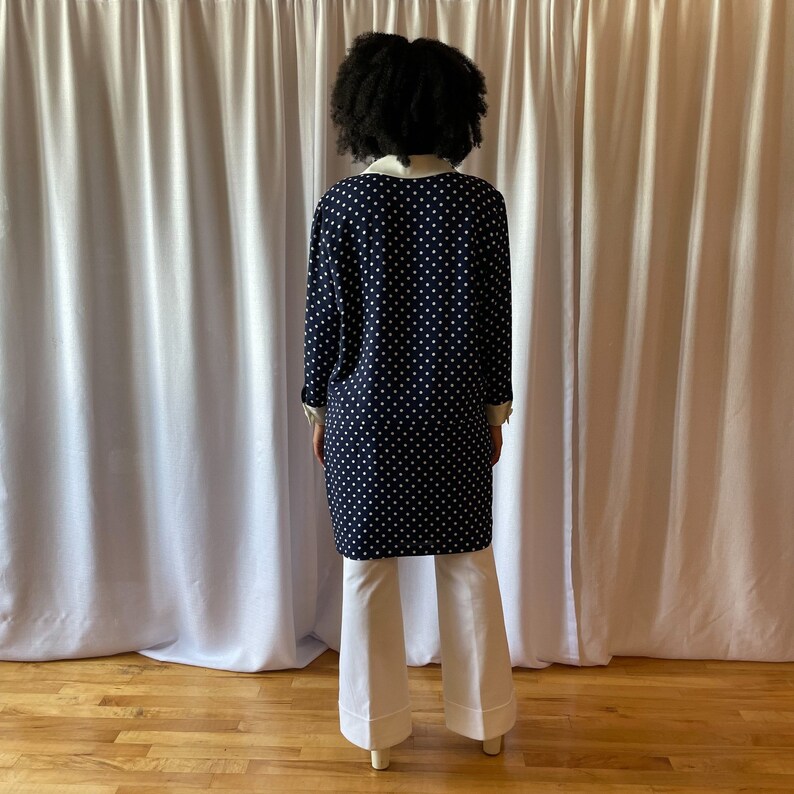 80s Dress Navy White Polka Dot Jacket Style Dress Dramatic Collar Long Sleeve Cuff Large White Buttons Front Pockets image 10