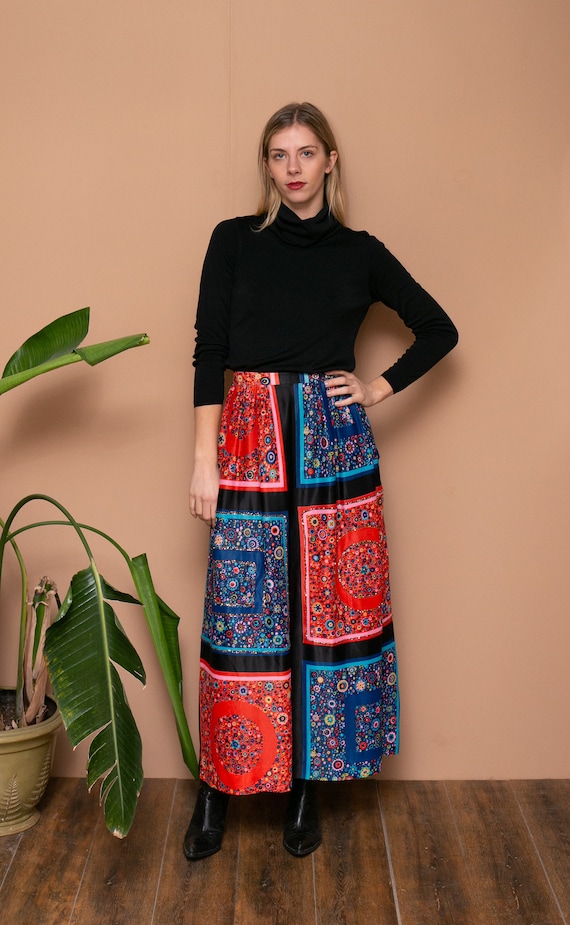 70s Scarf Printed Maxi Skirt Glitter Embellished … - image 2