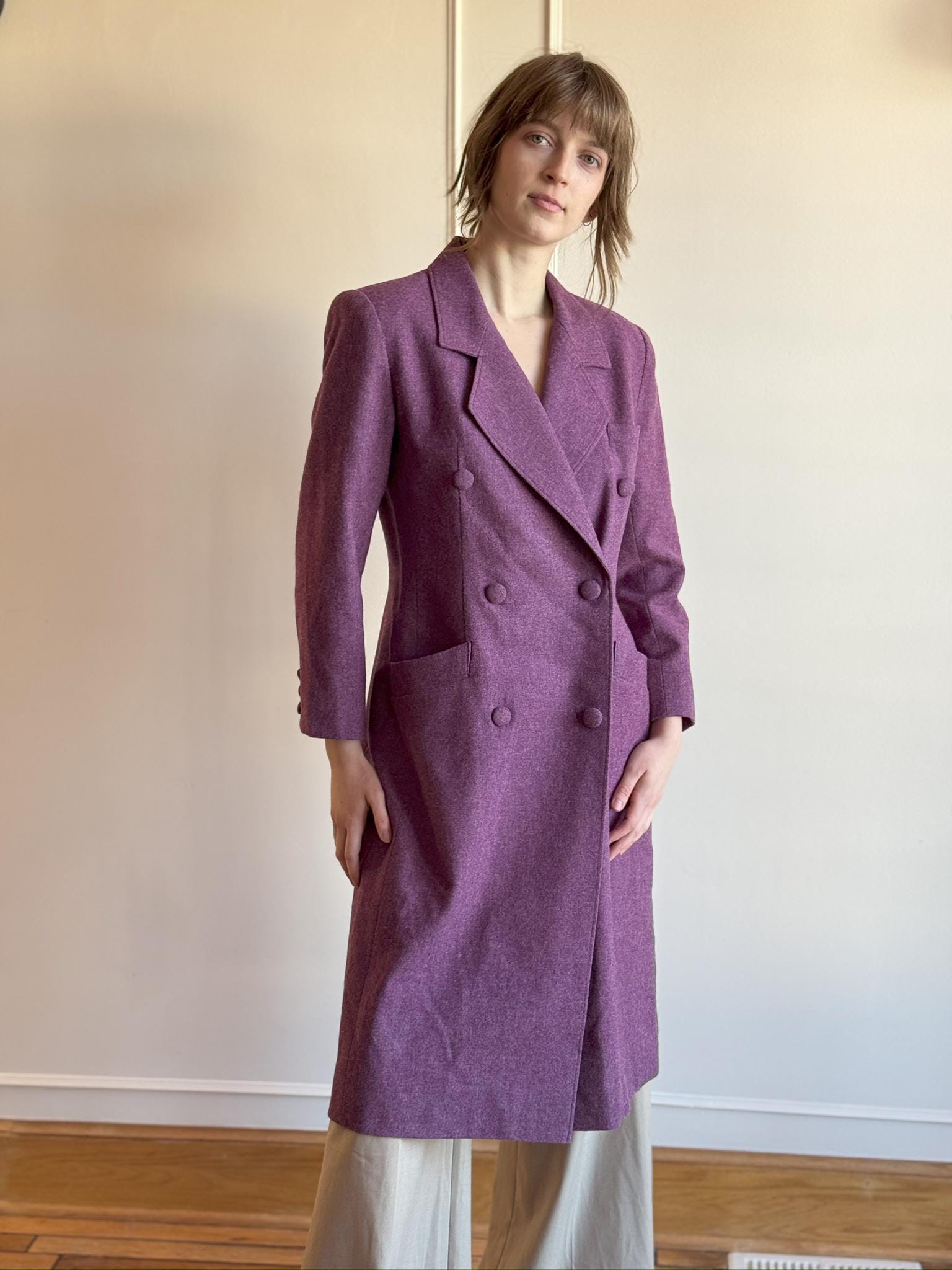 70s Lilac Purple Wool Peacoat Double-breasted Structured