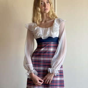 70s ruffle collar & sheer sleeve maxi dress / red white blue checker plaid skirt hippie boho preppy long sleeve fall dress