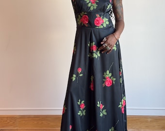 70s Rose Printed Maxi Dress Black & Red Floral Printed