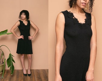 70s Black Lace Applique Mini Dress Knit Sweater Dress V Neck Floral Fitted Minimal Mod Sleeveless Occasion LBD Midi Dress