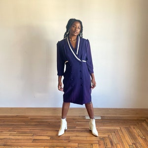 80s Midi Dress Navy White Striped Dress Wrap Double Breasted Dress Collared Long Sleeve Epaulet Covered Button image 3