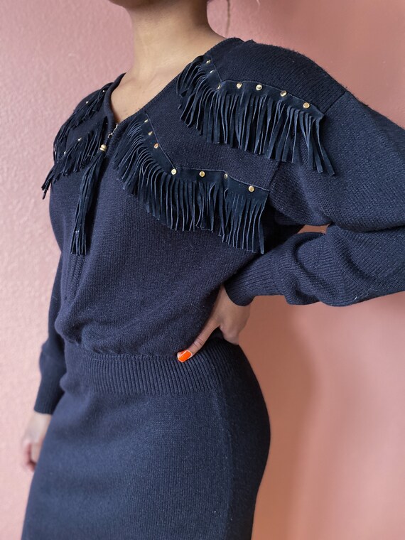 black suede fringe sweater dress - m l