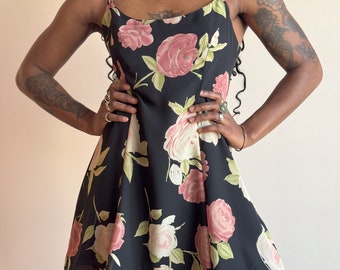 90s Floral Babydoll Dress – Black Pink Rose Print Mini with Scarf