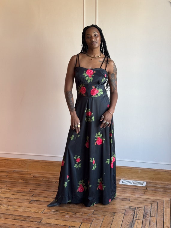 long black dress with red roses ROSE MAXI DRESS
