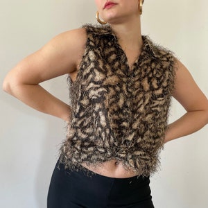 00s Y2K Fuzzy Top Animal Print Leopard Print Top Button Down Blouse Hairy Texture Collared Top Sleeveless Top