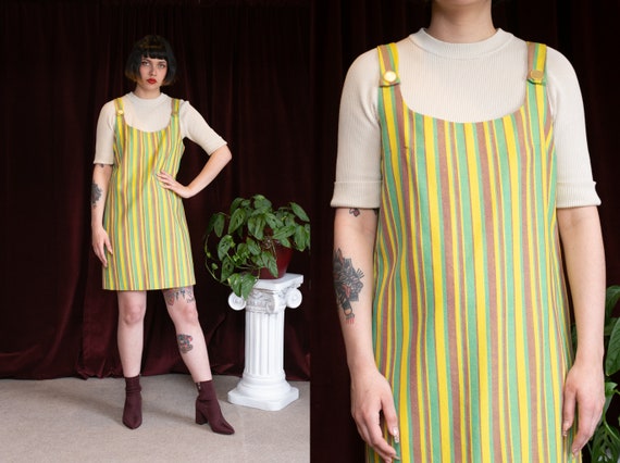 60s Neon Striped Jumper Dress Overall Suspender Dr