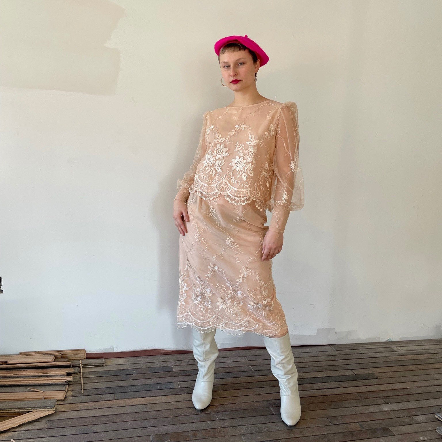 特売 Matching Piece Two 70s Set Lace Tulle Set Skirt and Blouse スカート