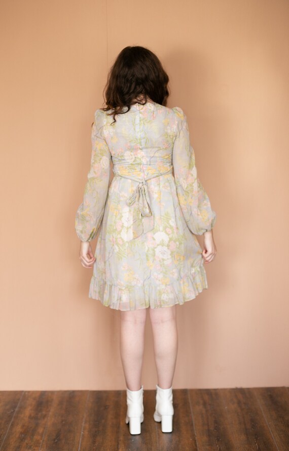 70s Pastel Floral Hippie Dress Leg of Mutton Bell… - image 8