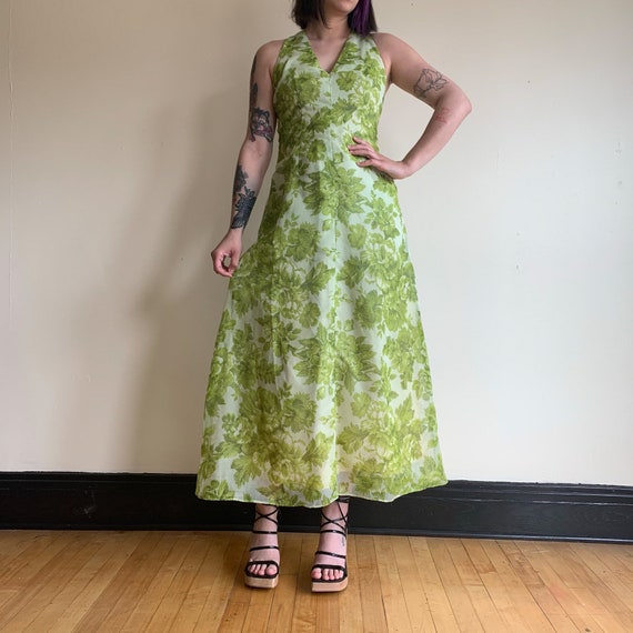 70s Maxi Dress Light Green Floral Chiffon Dress O… - image 5