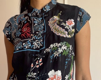 90s 00s Asian Inspired y2k silk Frog Closure Blouse Mandarin Collar Black Blue Dragon Embroidered Floral Top