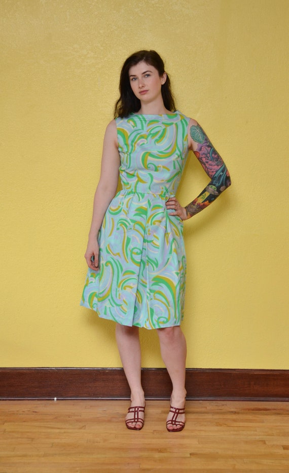 60s Pastel Swirl Print Mod Mini Dress Blue Green … - image 3