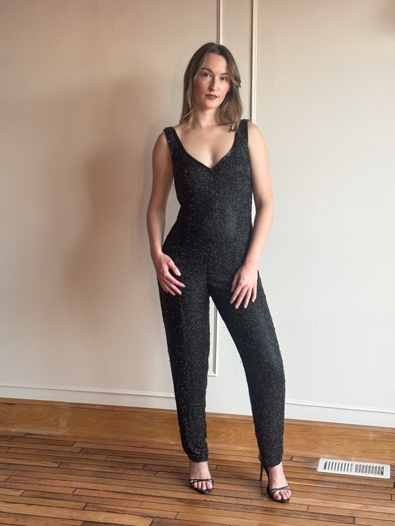 90s Lillie Rubin Sequin Jumpsuit Holiday NYE Blac… - image 1