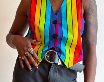 80s Rainbow Vest Button Up Bold Bright Vertical Striped Tuxedo Vest Satin Vest M