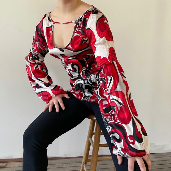 00s Y2K Balloon Sleeve Blouse Pattern Groovy Top Black Red