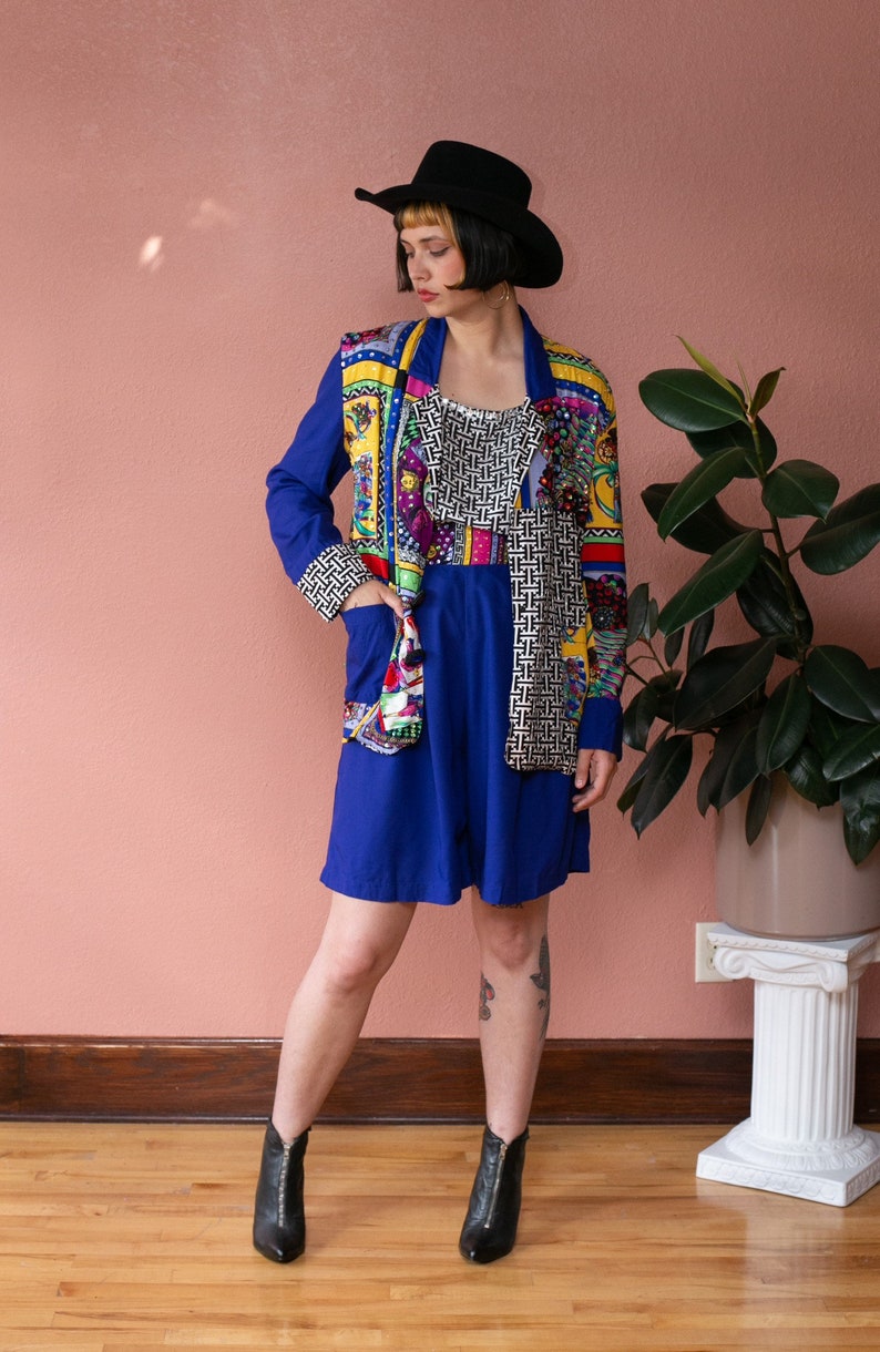 80s Three Piece Short Suit Set Bright Blue Colorful Avant Garde Vaporwave Set Shorts Tank Blazer Abstract Sequin Bead Vegas Caesar's Palace image 1