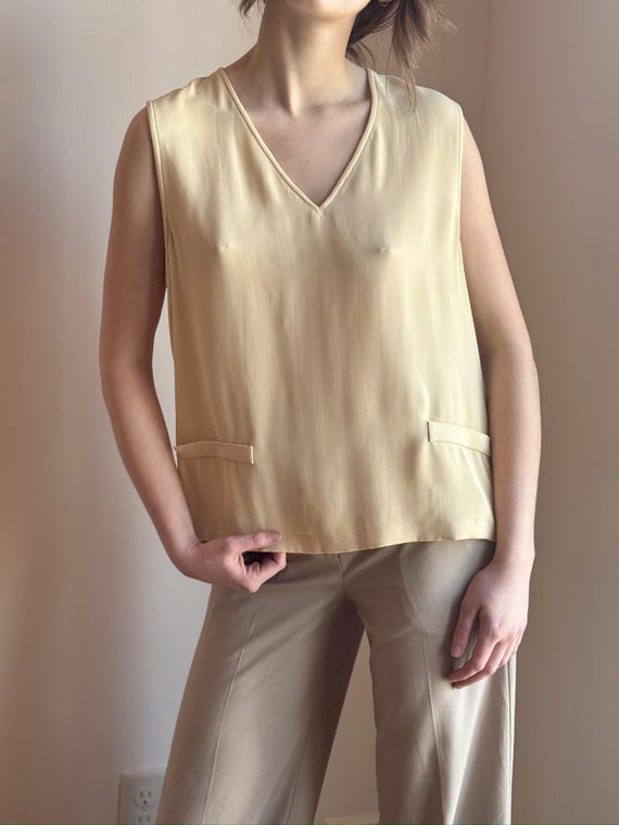 90s Giorgio Armani Silk Blouse – Butter Yellow Minimalist Top (S/M