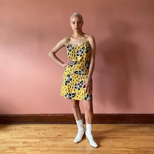 00s Y2K Mini Dress Tropical Summer Dress Hibiscus Print Yellow Cheetah Print Mini Dress Silk Dress image 3