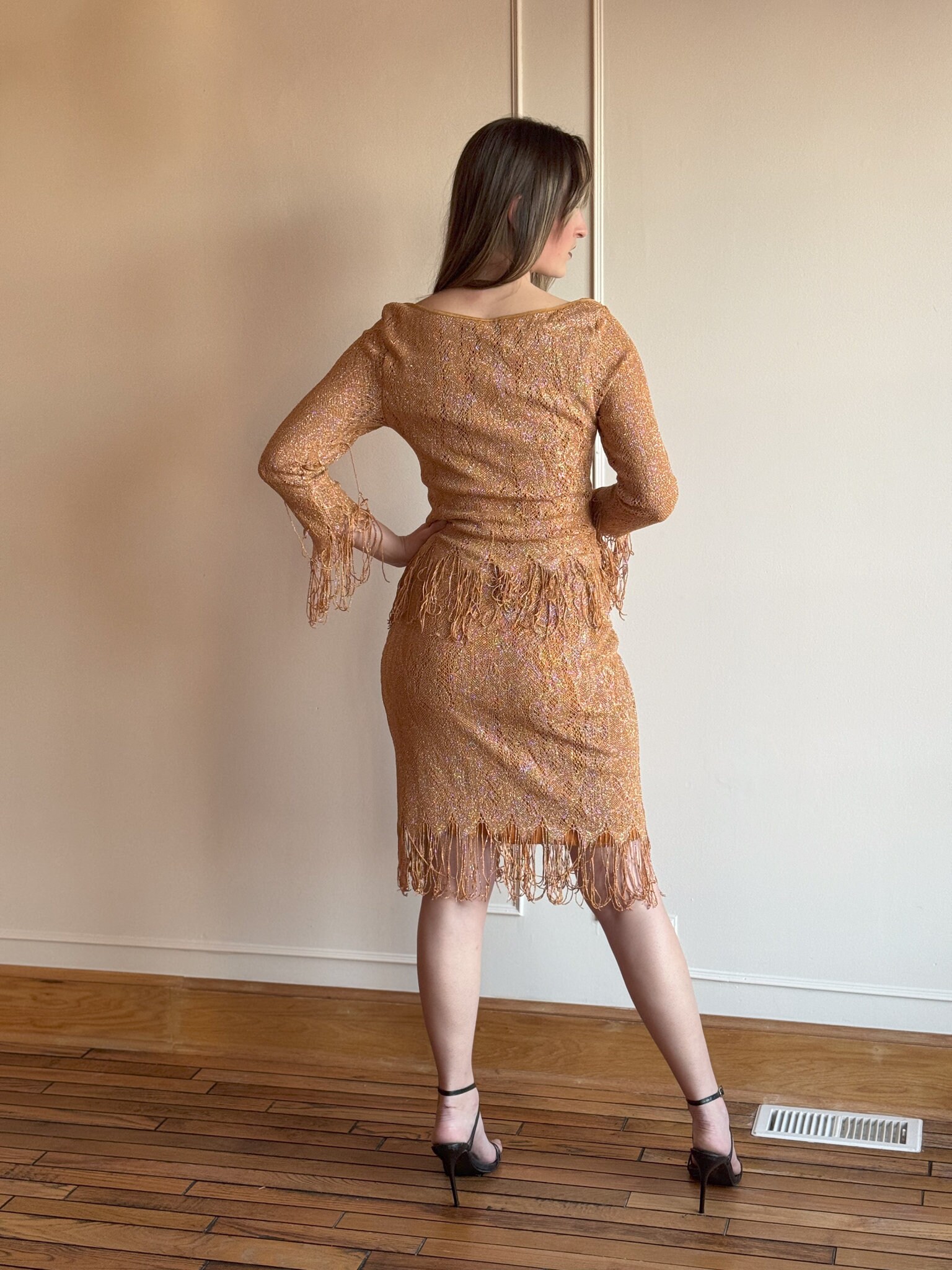 90s Crochet Knit Fringe Set – Gold Glitter Spandex Top & Skirt - Etsy