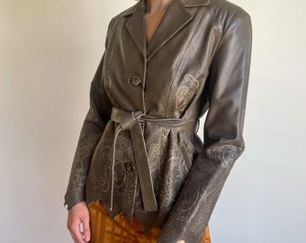 90s Leather Coat Brown Leather Jacket Laser Cut Floral Belt Cutout Flower Detail Made in Italy Fall Jacket