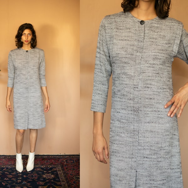 80s Minimal Silhouette Boxy Fit 3/4 Sleeve Knee Length Dress Space Dye Structured Space Age Mod Dressy Casual Work Dress