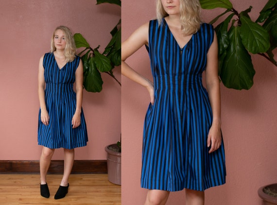 70s 80s Blue & Black Striped Silk Dress Pintucked