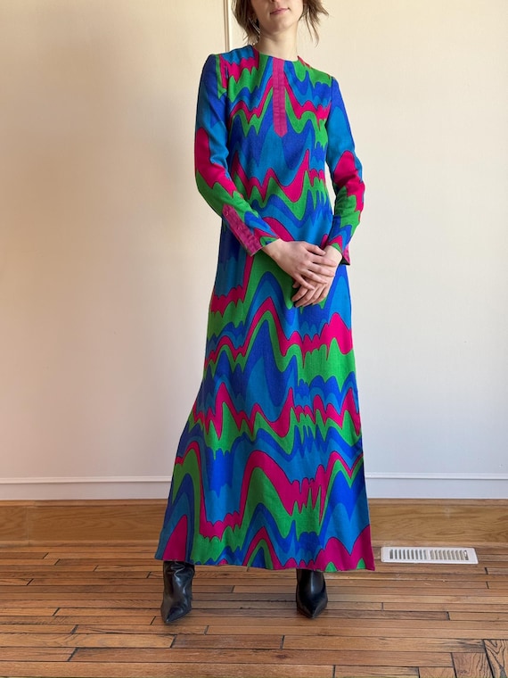 70s Psychedelic Knit Maxi Dress  Wavy Color-block Statement Gown  XS/S -  Etsy