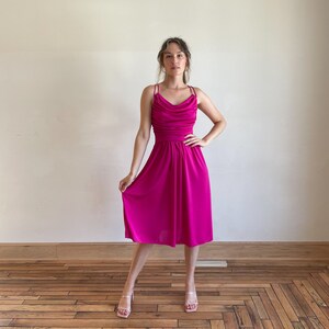 70s Dress Hot Pink Disco Dress Strappy Open Back Full Skirt Cowl Neck Gathered Cinched Waist Midi Dress image 6