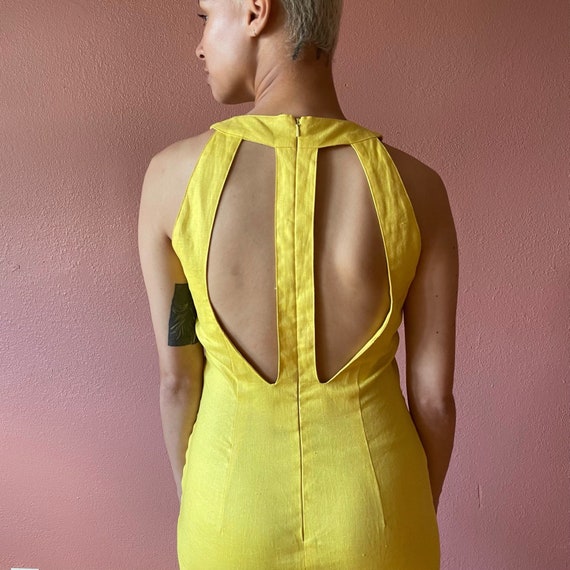 80s Dress Bright Yellow Bodycon Dress Linen Yello… - image 5