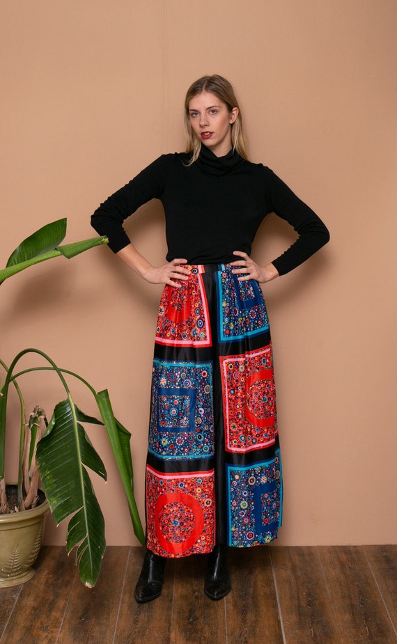 70s Scarf Printed Maxi Skirt Glitter Embellished … - image 4