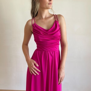 70s Dress Hot Pink Disco Dress Strappy Open Back Full Skirt Cowl Neck Gathered Cinched Waist Midi Dress image 4