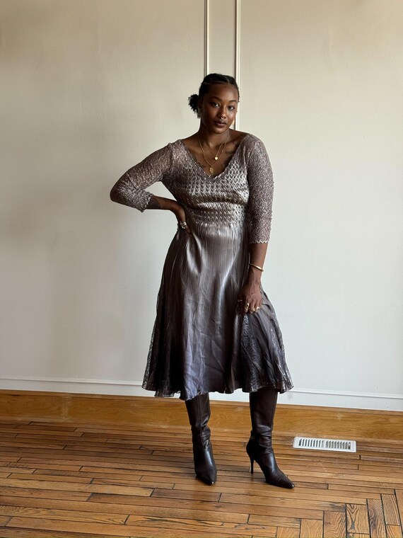 90s Komarov Metallic Ombre Dress -Ruched Bodice, Sheer Lace Sleeves