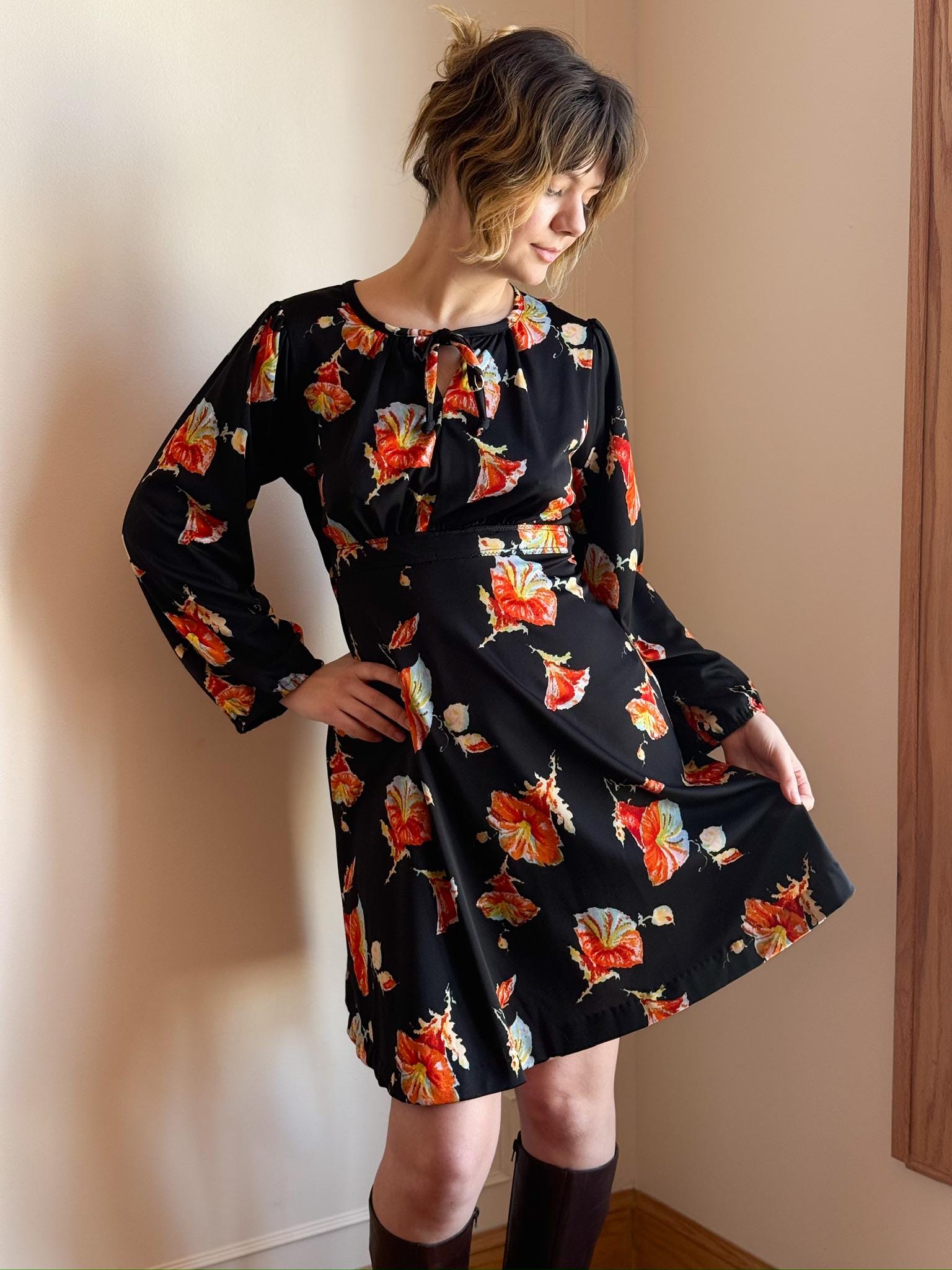60s 70s Tropical Flower Print Fit & Flare Dress Cutout Neck Long Sleeve ...