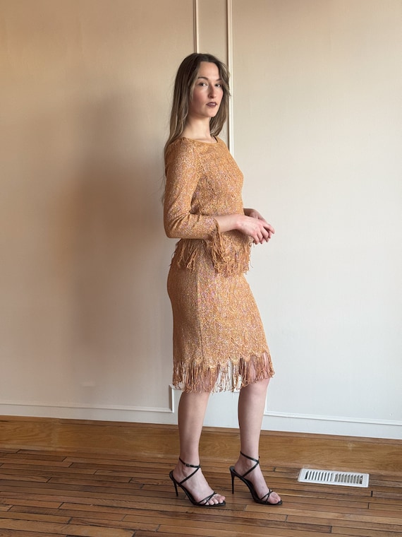 90s Crochet Knit Fringe Set – Gold Glitter Spandex Top & Skirt - Etsy