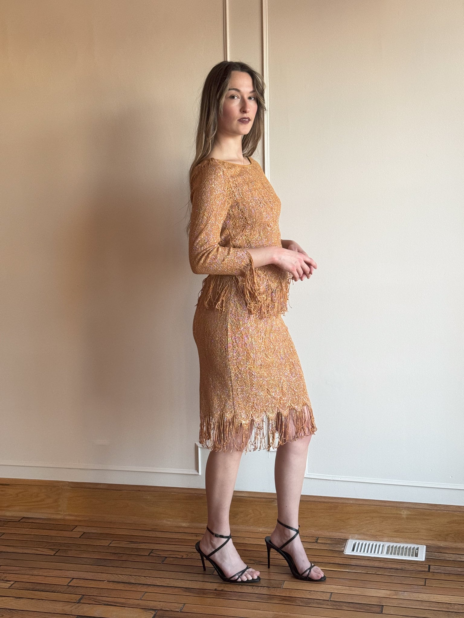 90s Crochet Knit Fringe Set – Gold Glitter Spandex Top & Skirt - Etsy