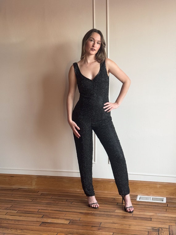 90s Lillie Rubin Sequin Jumpsuit Holiday NYE Blac… - image 6