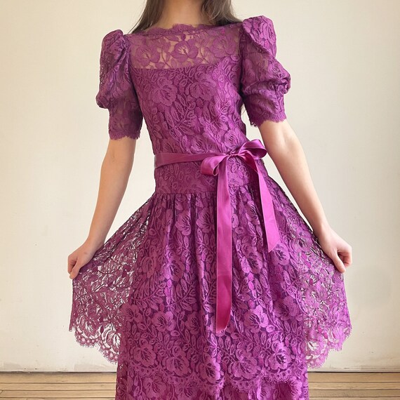 80s Dress Purple Lace Dress Drop Waist Evening Gown Party Dress Puff Sleeve Illusion Midi Dress Ribbon Two Layer Skirt