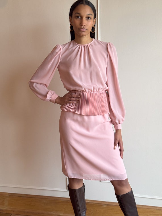 80s Two Piece Pastel Pink Skirt Set Origami Pleat… - image 1