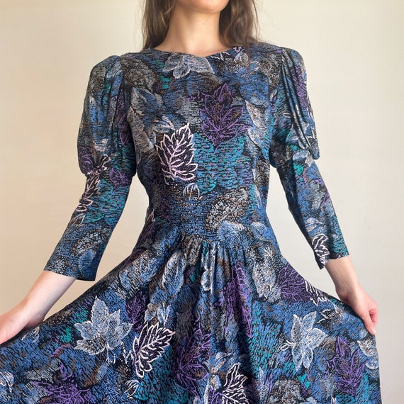 80s Dress Midi Dress Full Skirt Drop Waist Blue A… - image 2