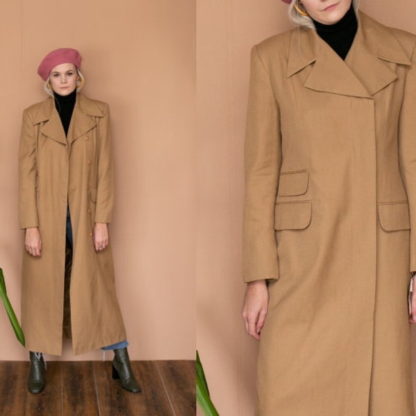 90s Camel Coat Trench Coat Fall Winter Coat Full Length Notch Collared Coat Military Coat Utilitarian Minimal Mod Wool Look Coat