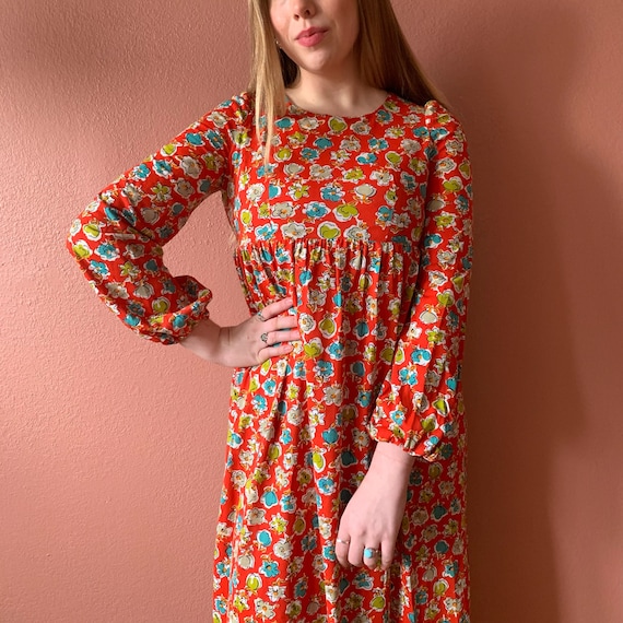 70s Red Floral Printed Prairie Dress Hippie Maxi Dress Leg of - Etsy