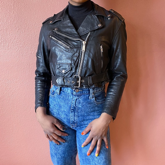 Black Leather Cropped Moto Jacket - S / M
