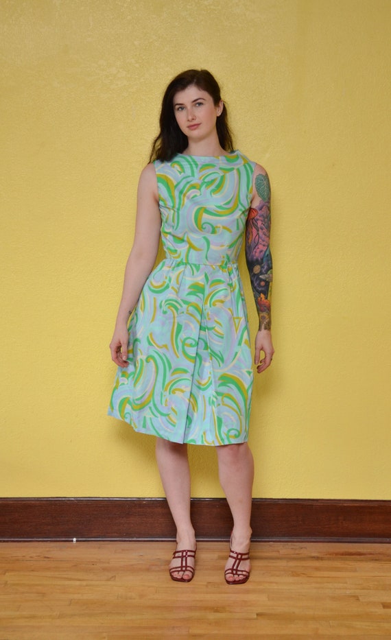 60s Pastel Swirl Print Mod Mini Dress Blue Green … - image 6